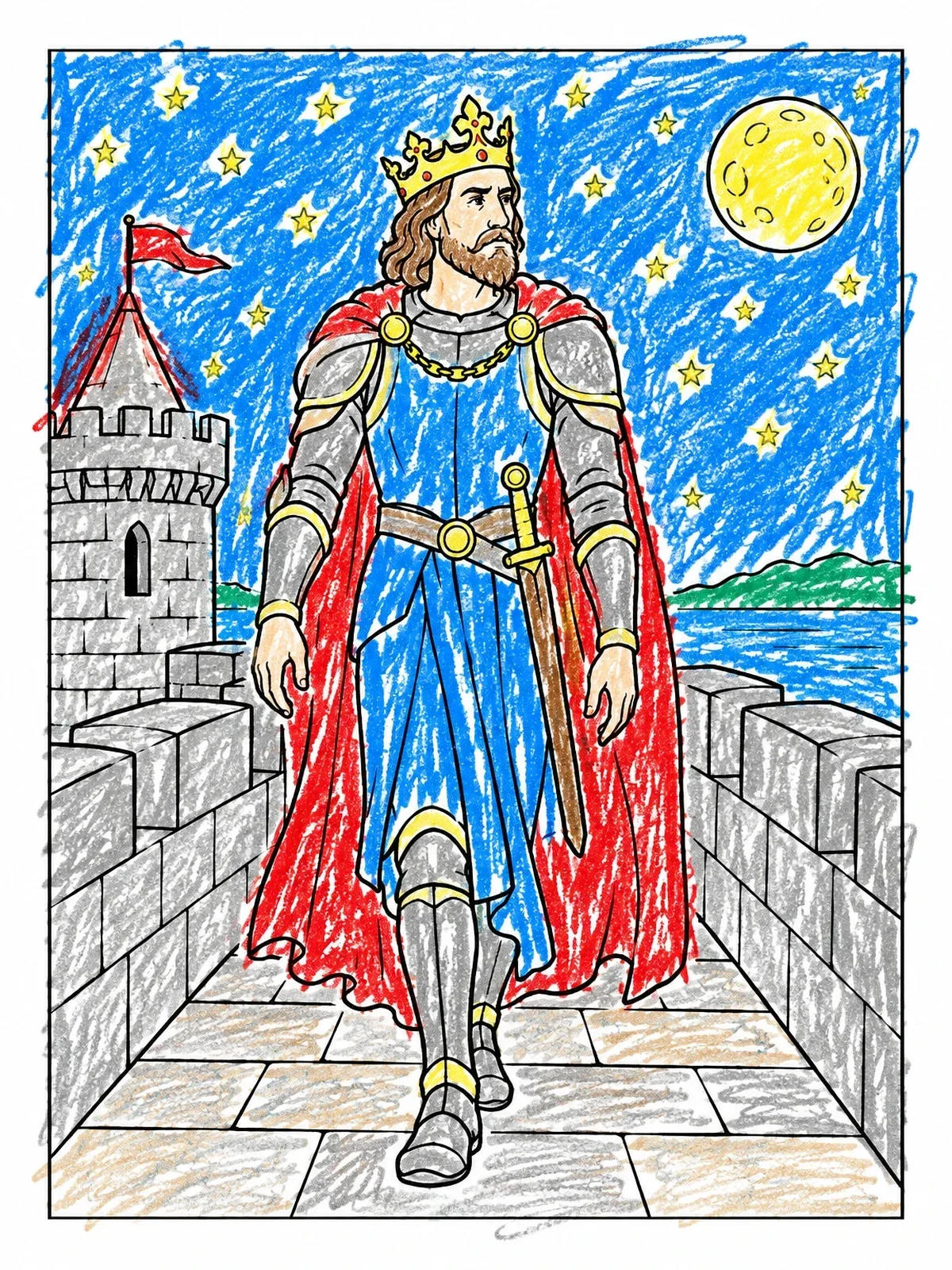 Colored example of the King Hamlet On Castle Ramparts coloring page