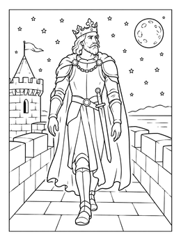 An armored king in a hamlet coloring page walks along castle ramparts under a full moon and starry sky.