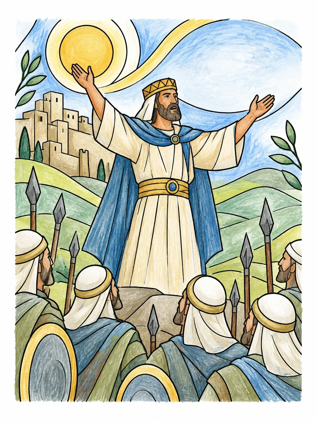 Colored example of the King Jehoshaphat Addressing His Army coloring page