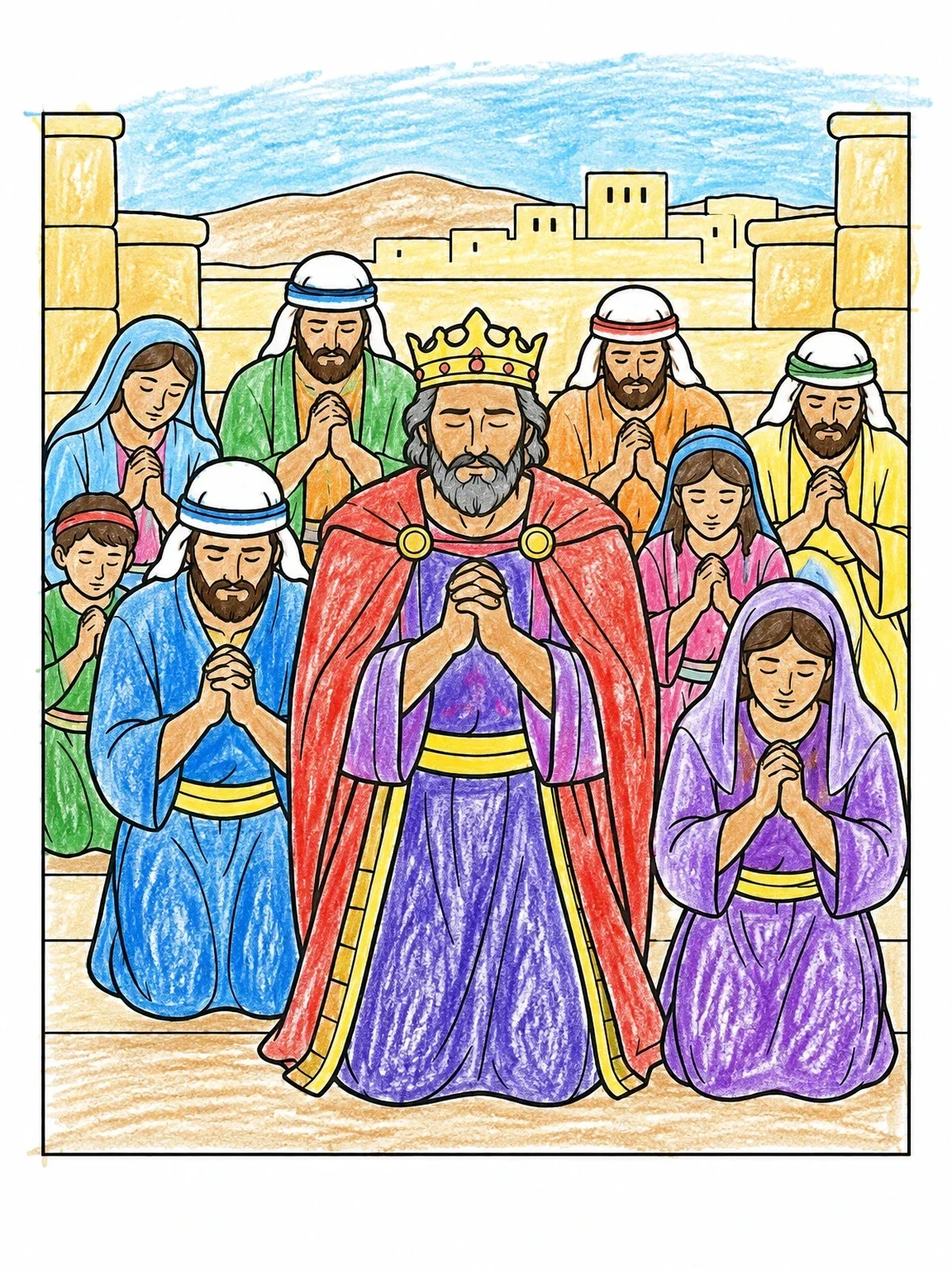 Colored example of the King Jehoshaphat And People Praying coloring page