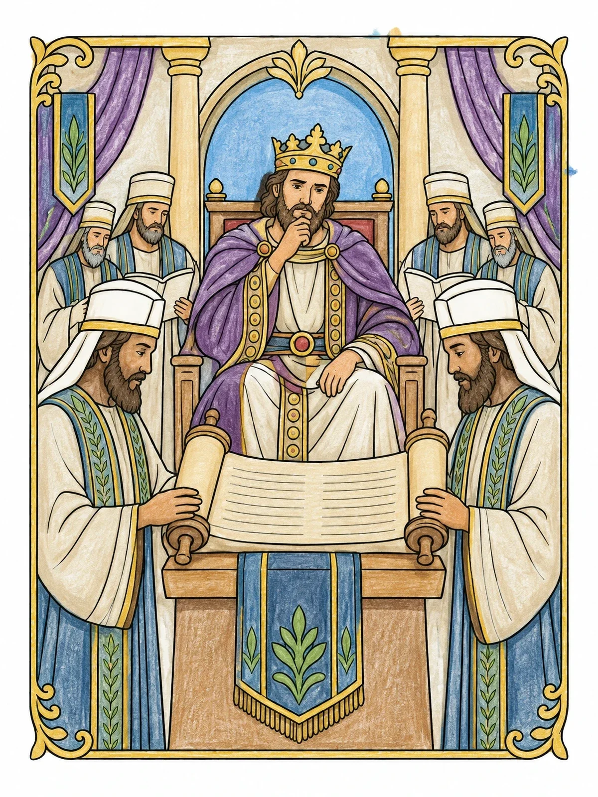 Colored example of the King Jehoshaphat And The Law Scroll coloring page