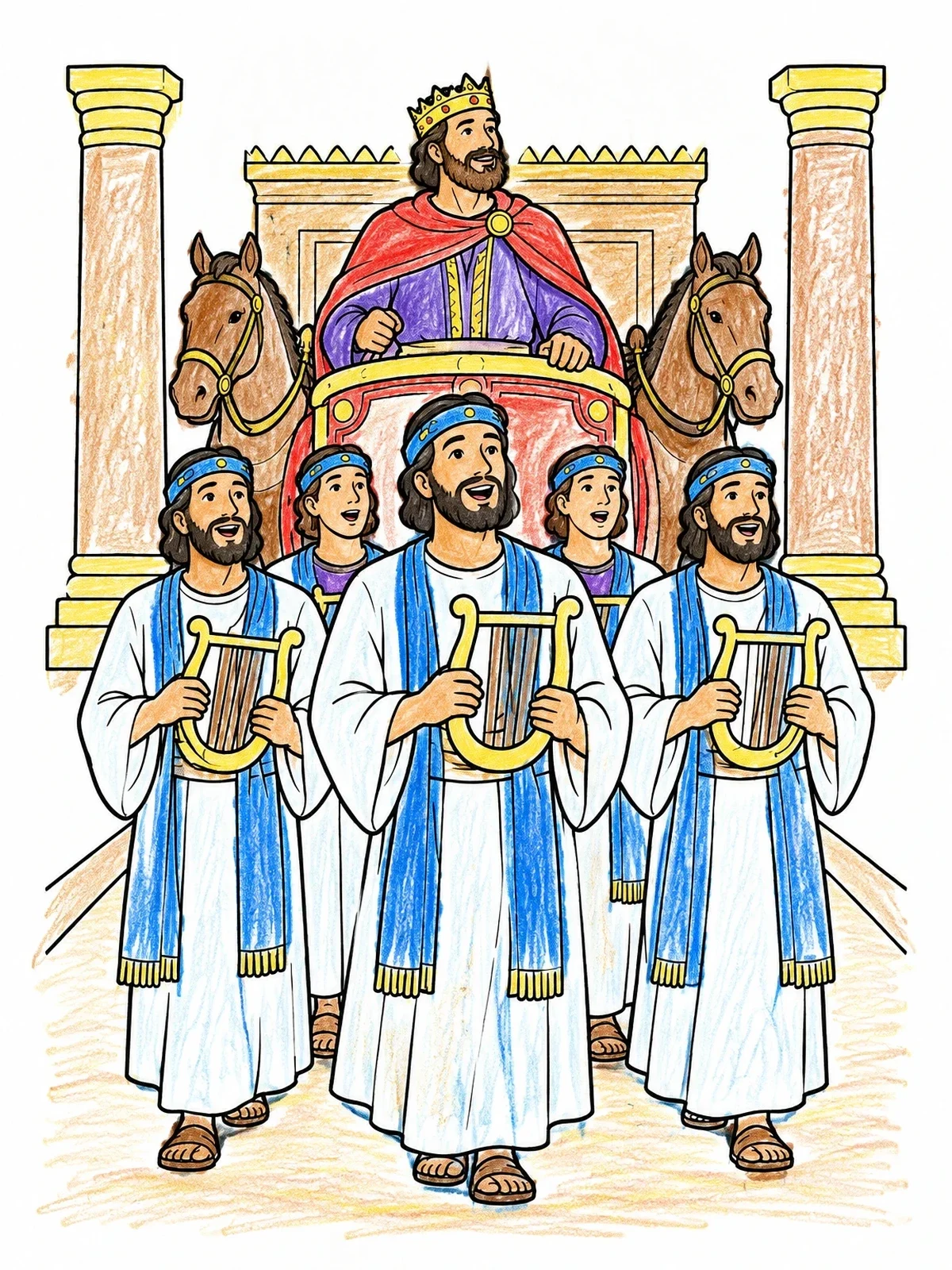 Colored example of the King Jehoshaphat And Temple Singers coloring page