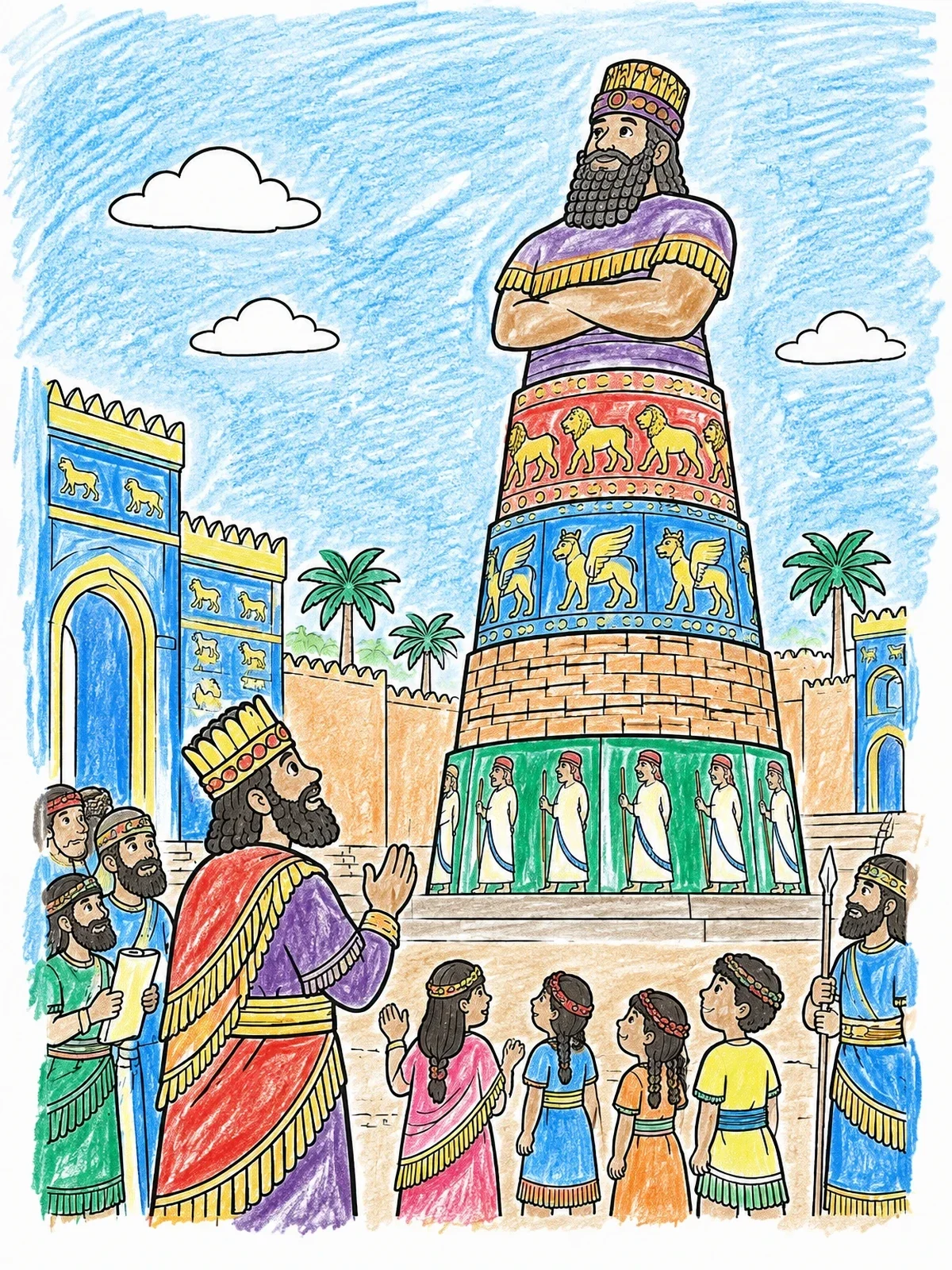 Colored example of the King Nebuchadnezzar And The Colossal Statue coloring page