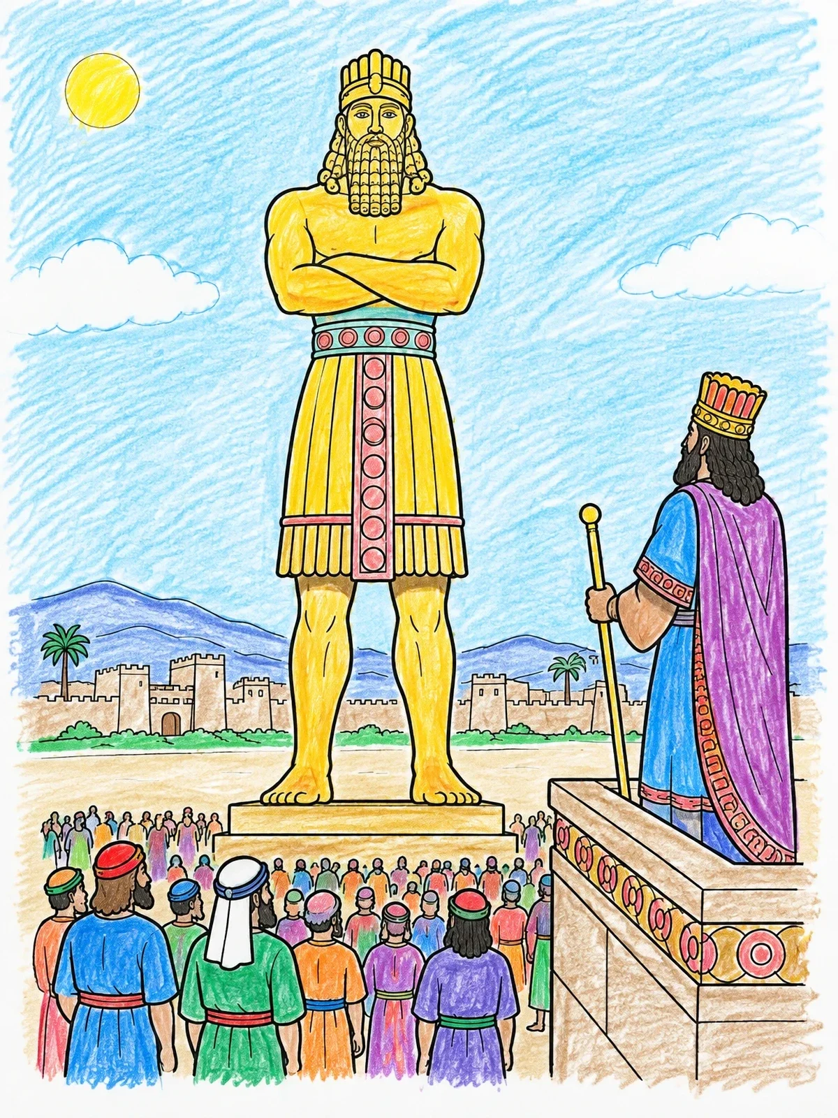 Colored example of the King Nebuchadnezzar And The Golden Statue coloring page
