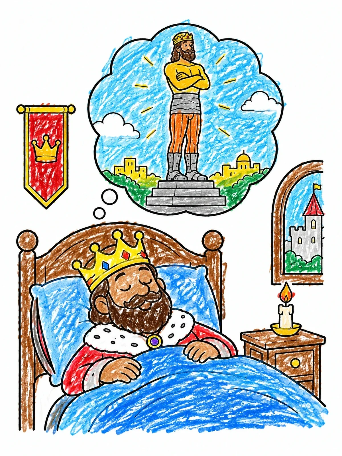 Colored example of the King Nebuchadnezzar Dreaming Of The Statue coloring page