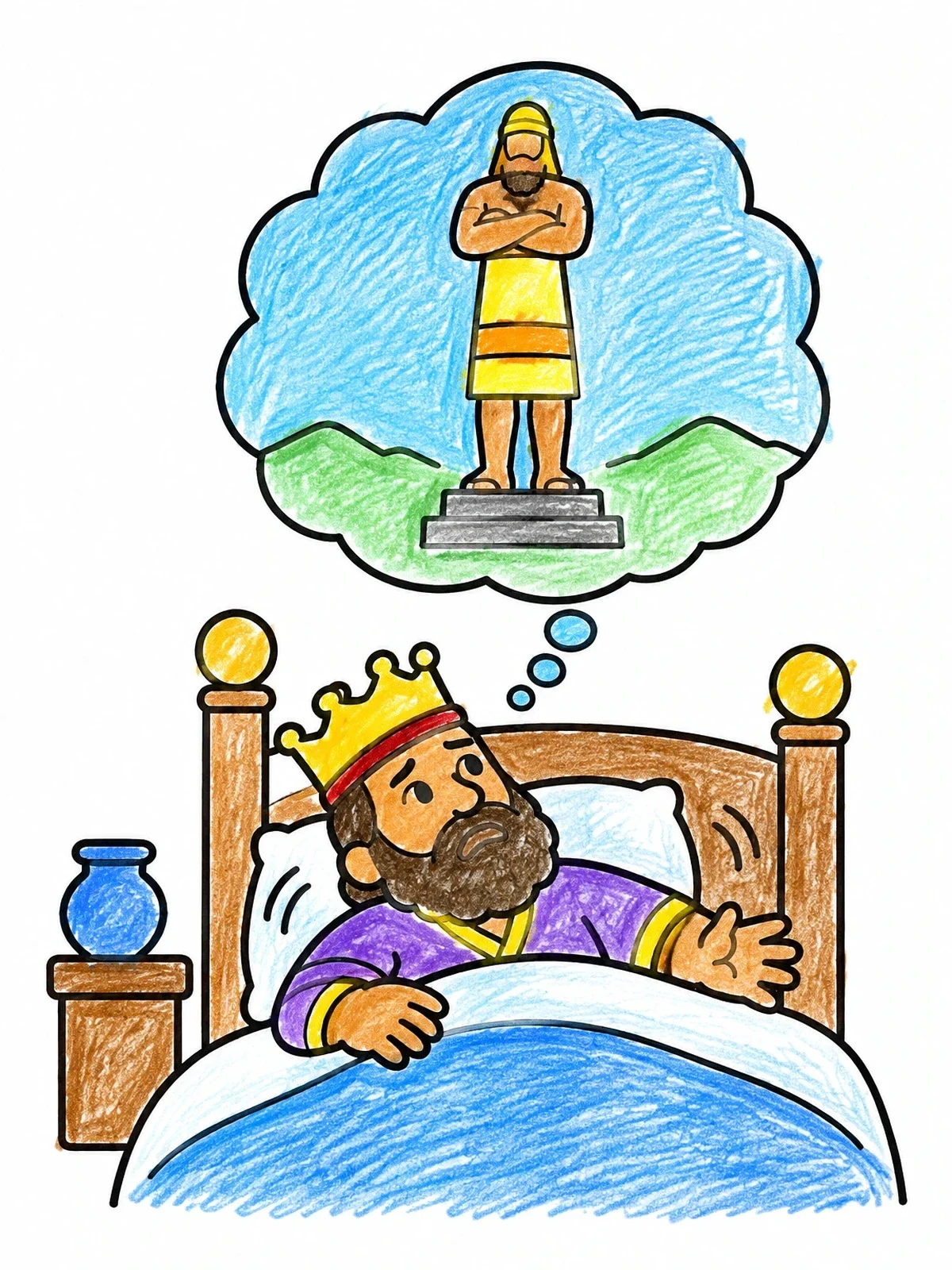 Colored example of the King Nebuchadnezzar Dreaming Of A Statue coloring page