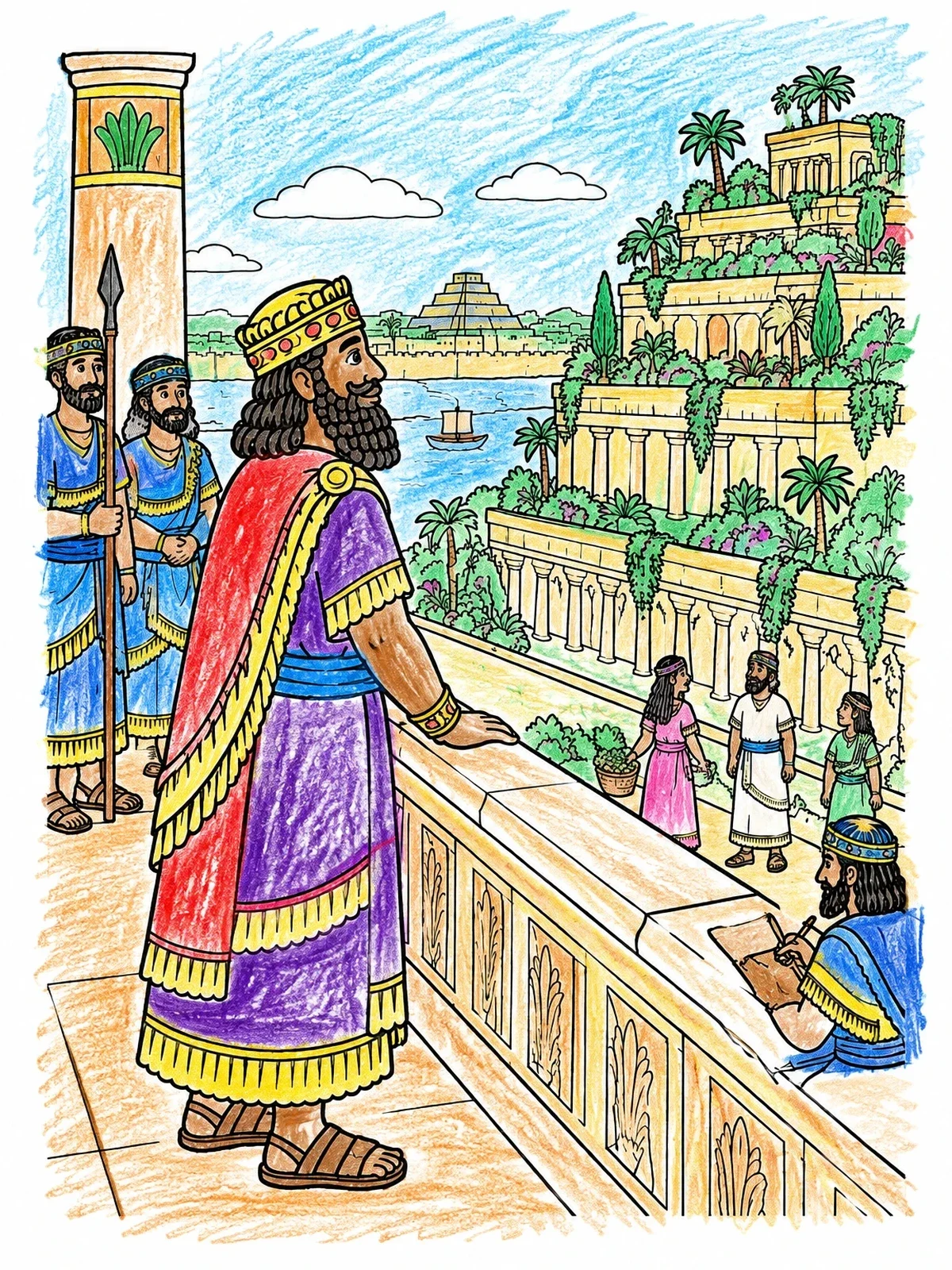 Colored example of the King Nebuchadnezzar At The Hanging Gardens coloring page