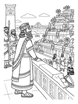 Free printable King Nebuchadnezzar At The Hanging Gardens coloring page