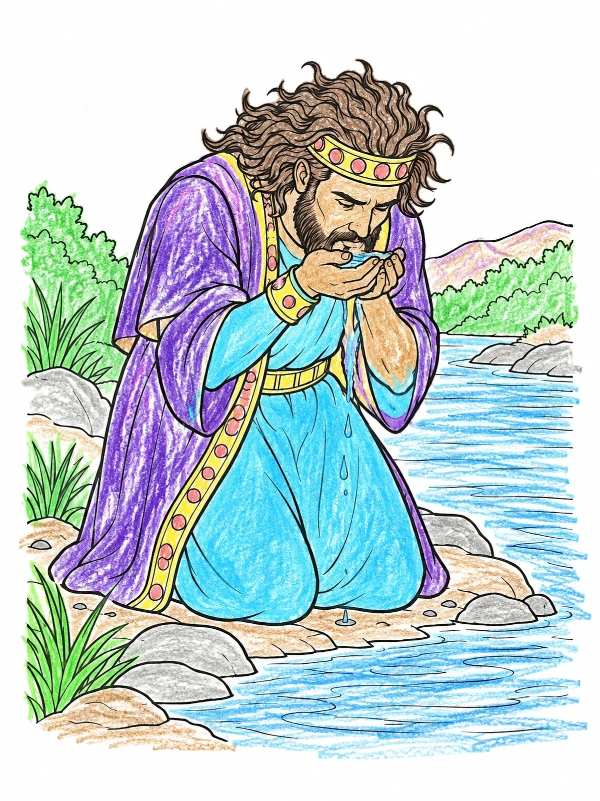 Colored example of the King Nebuchadnezzar Drinking At The River coloring page