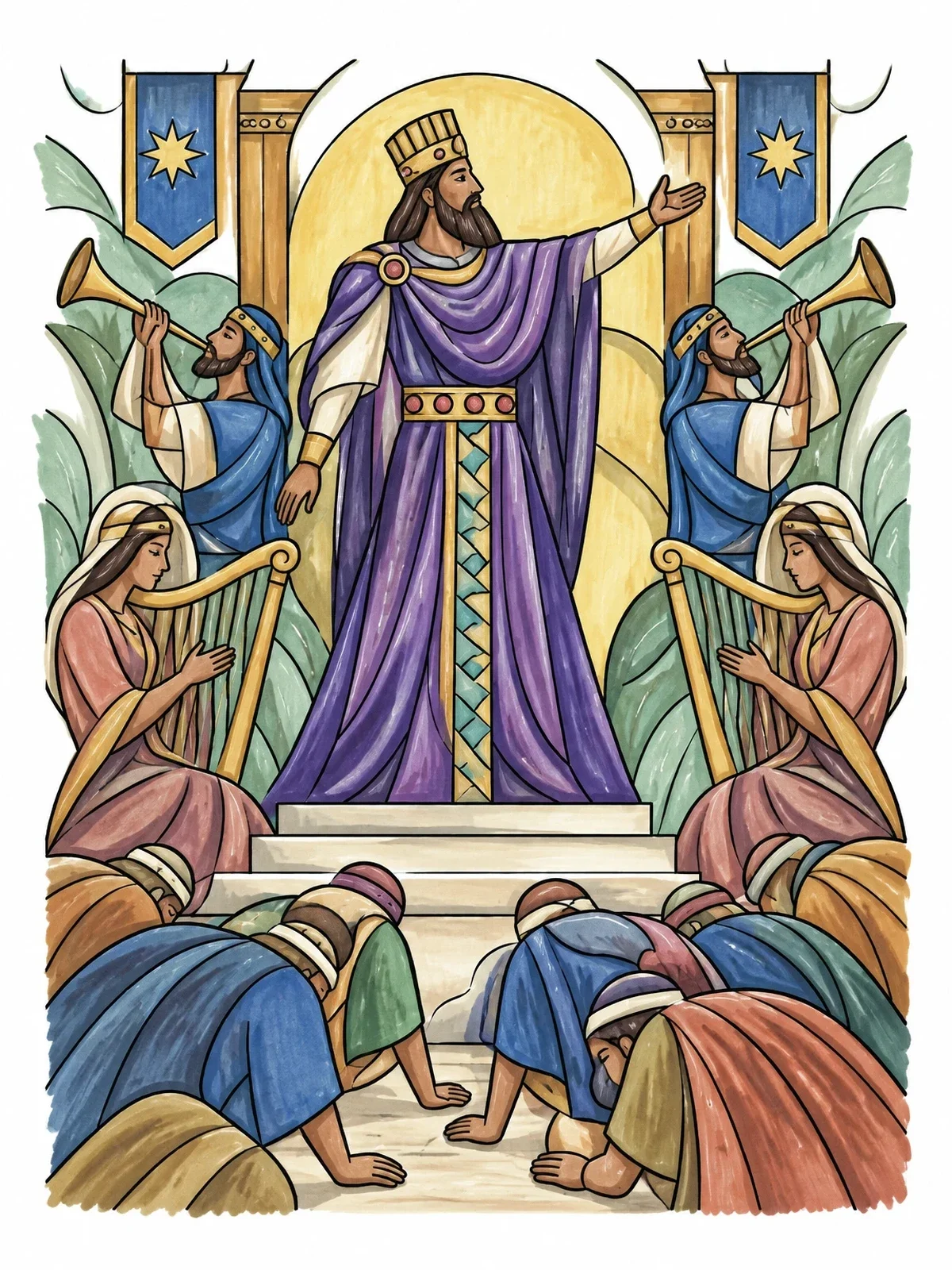 Colored example of the King Nebuchadnezzar With Musicians And Crowds coloring page