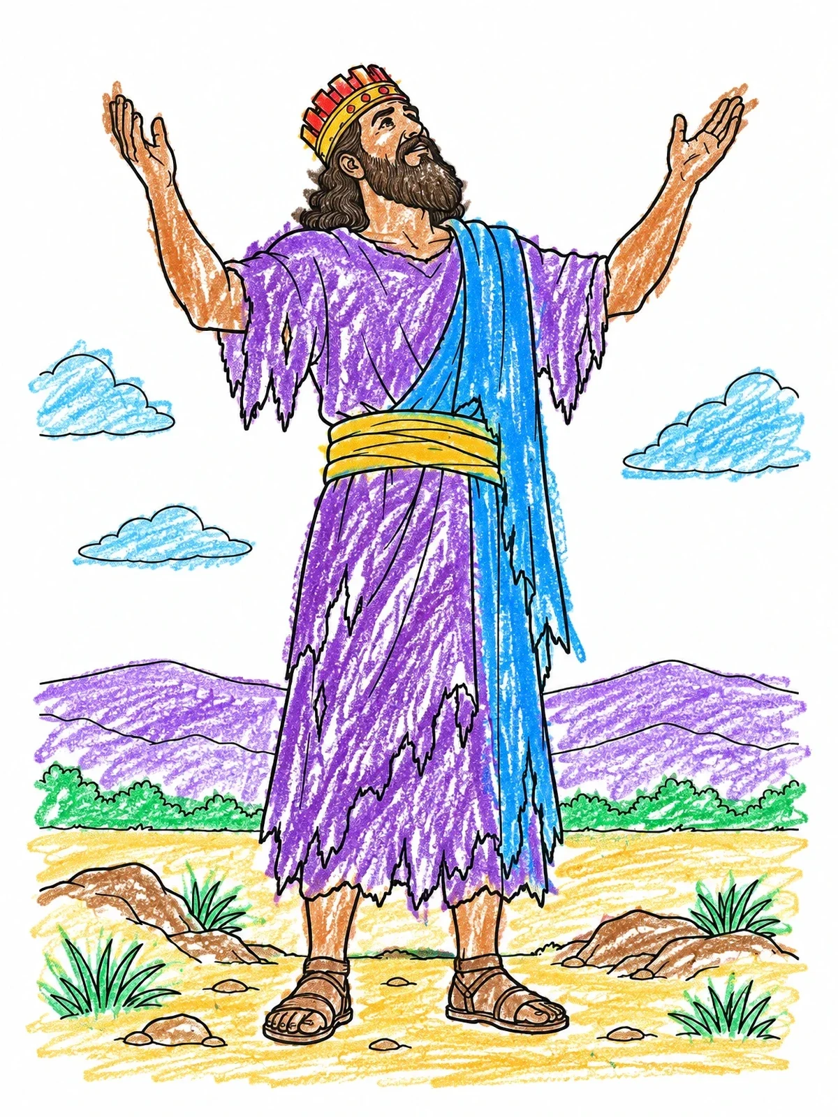 Colored example of the King Nebuchadnezzar Praising Outdoors coloring page