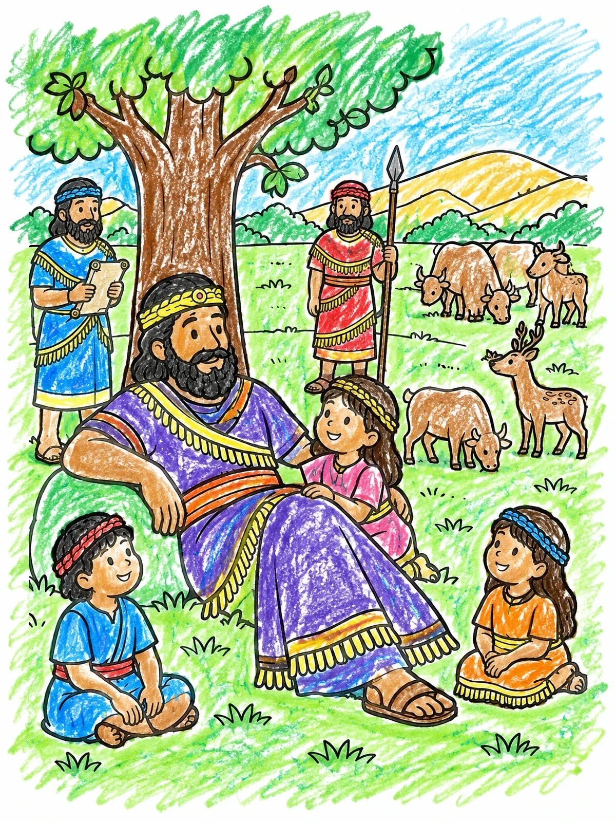 Colored example of the King Nebuchadnezzar Resting Outdoors With Children coloring page