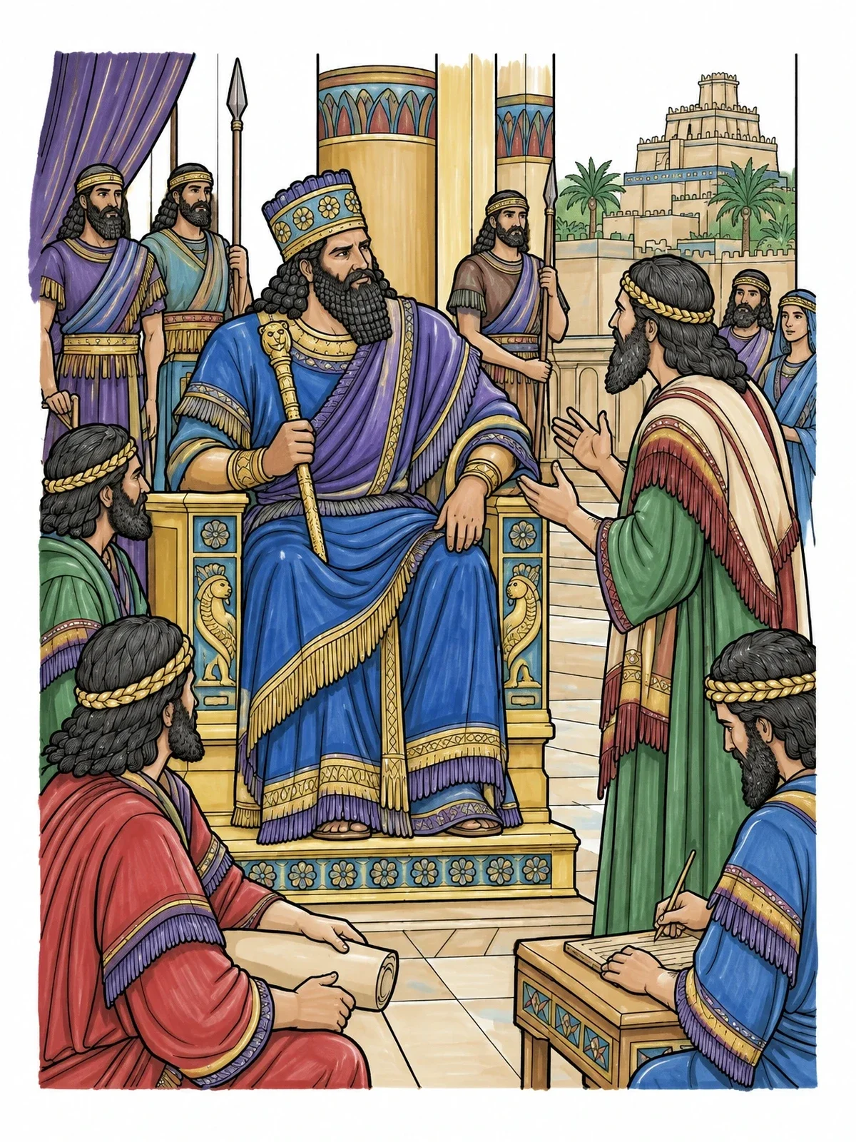 Colored example of the King Nebuchadnezzar And His Royal Council coloring page