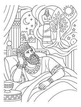 An ancient king lying in bed thinking about visions in this dream coloring page.