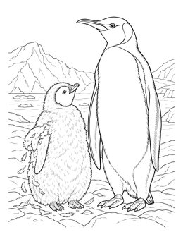 An adult and molting chick stand together on this king penguin coloring page.