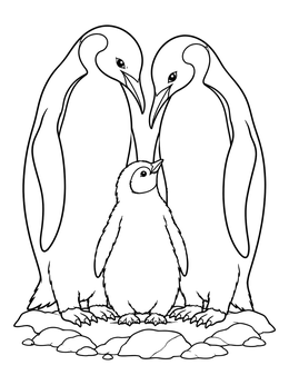 Two adult penguins watch over their fluffy chick in this king penguin coloring page.