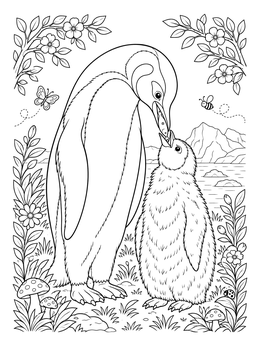 Free printable King Penguin Feeding Fluffy Chick coloring page