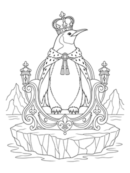 A royal bird on this king penguin coloring page wears an ornate crown and cape while seated on a throne.