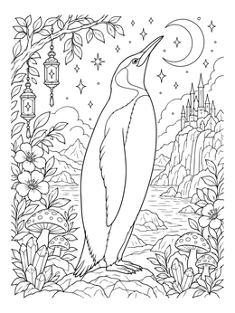 A detailed king penguin coloring page featuring lanterns, mushrooms, and a distant fairy castle under a crescent moon.