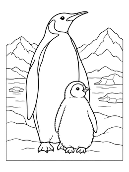 Free printable King Penguin With Fluffy Chick coloring page