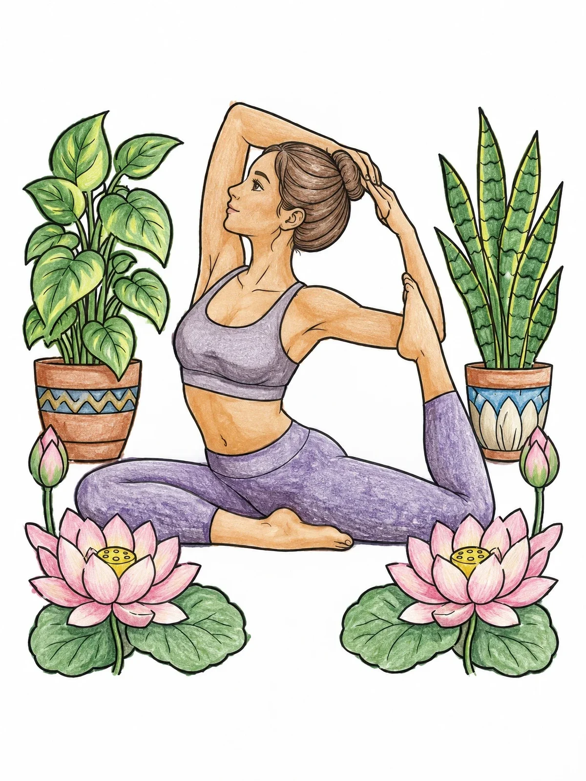 Colored example of the King Pigeon Yoga Pose With Lotus coloring page