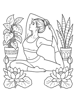 A woman holds king pigeon pose on this serene yoga coloring page surrounded by plants.