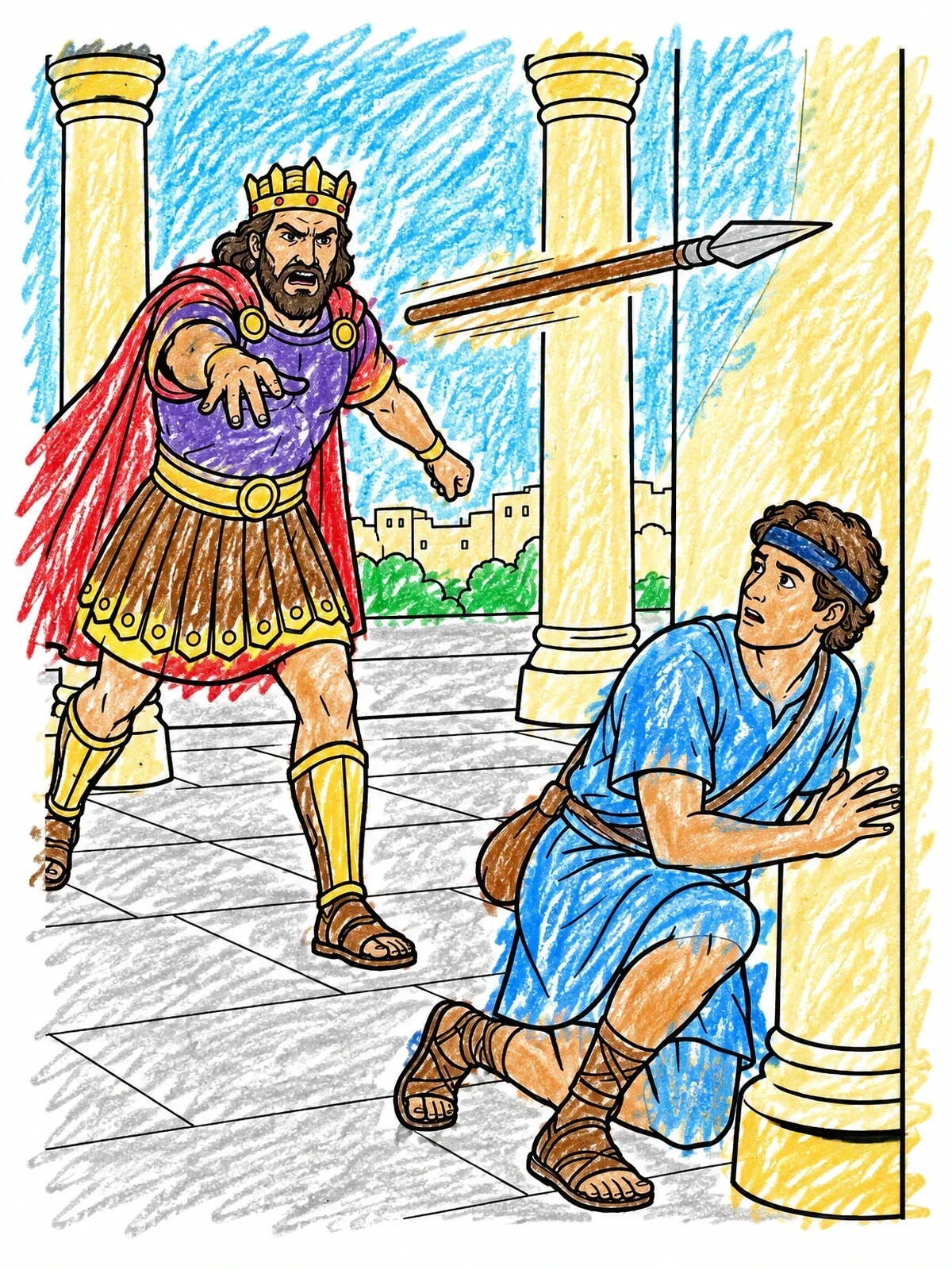 Colored example of the King Saul Throwing A Spear At David coloring page