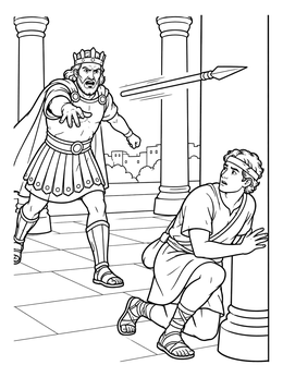 Free printable King Saul Throwing A Spear At David coloring page