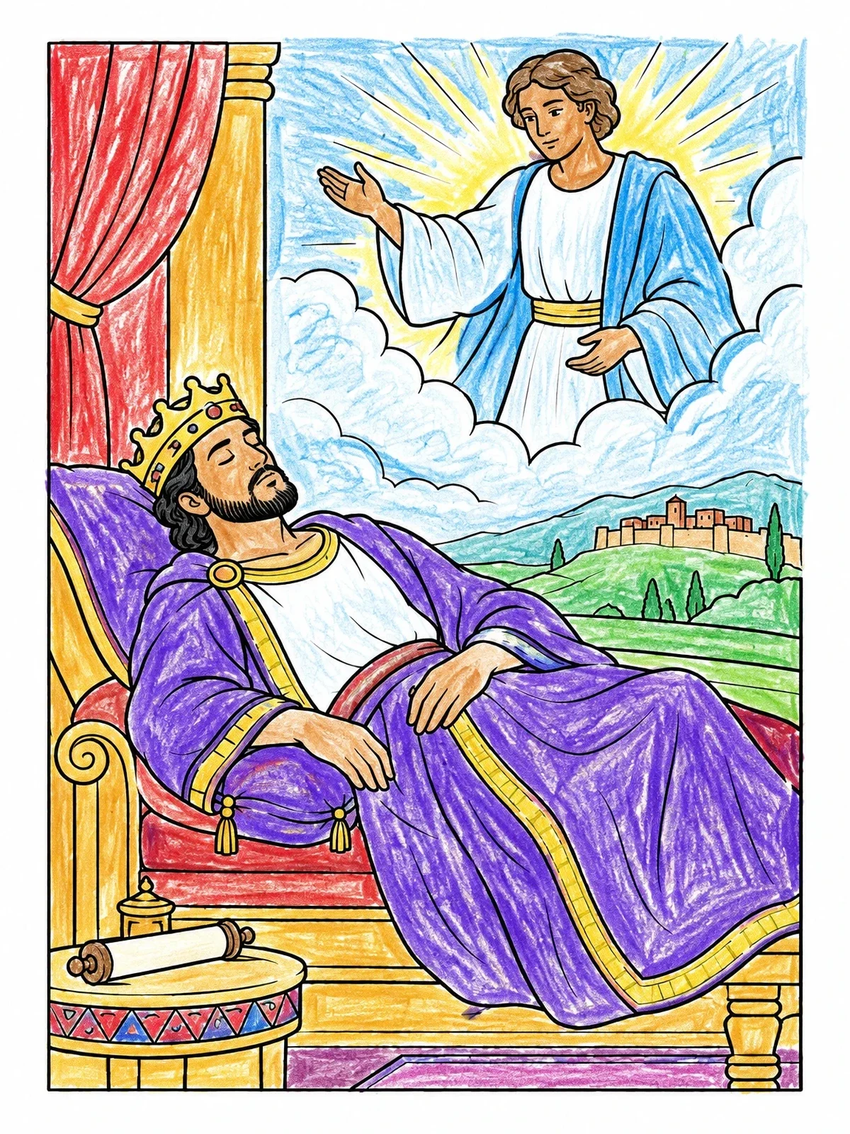 Colored example of the King Solomon Receiving A Vision coloring page