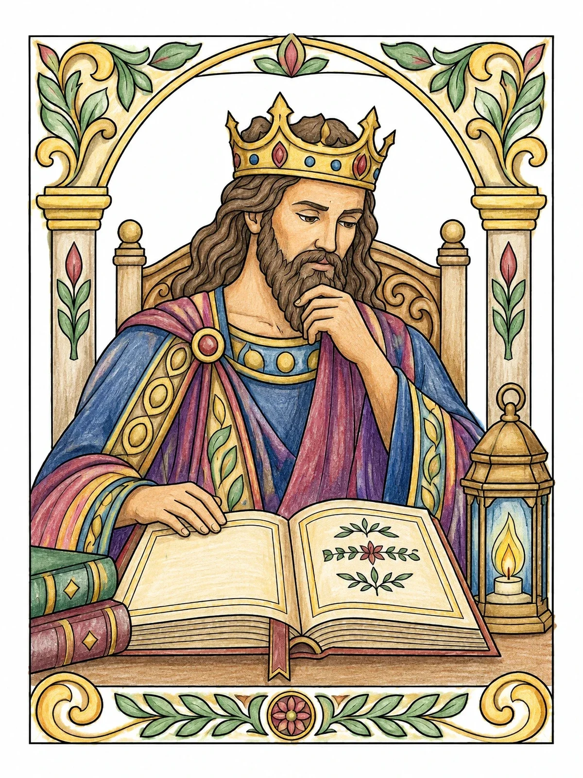 Colored example of the King Solomon Reading Book Of Proverbs coloring page