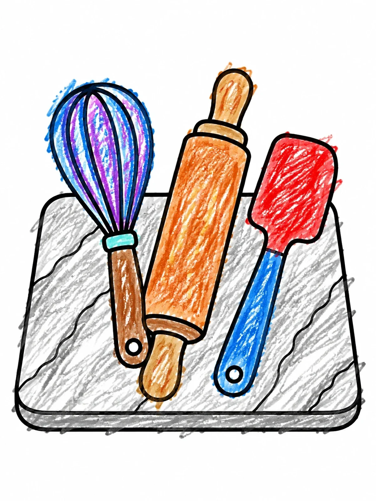 Colored example of the Baking Utensils On A Board coloring page