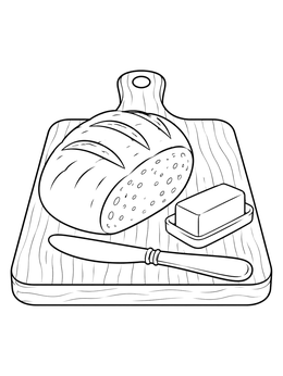 A loaf of sliced bread, butter, and a knife in this kitchen coloring page.