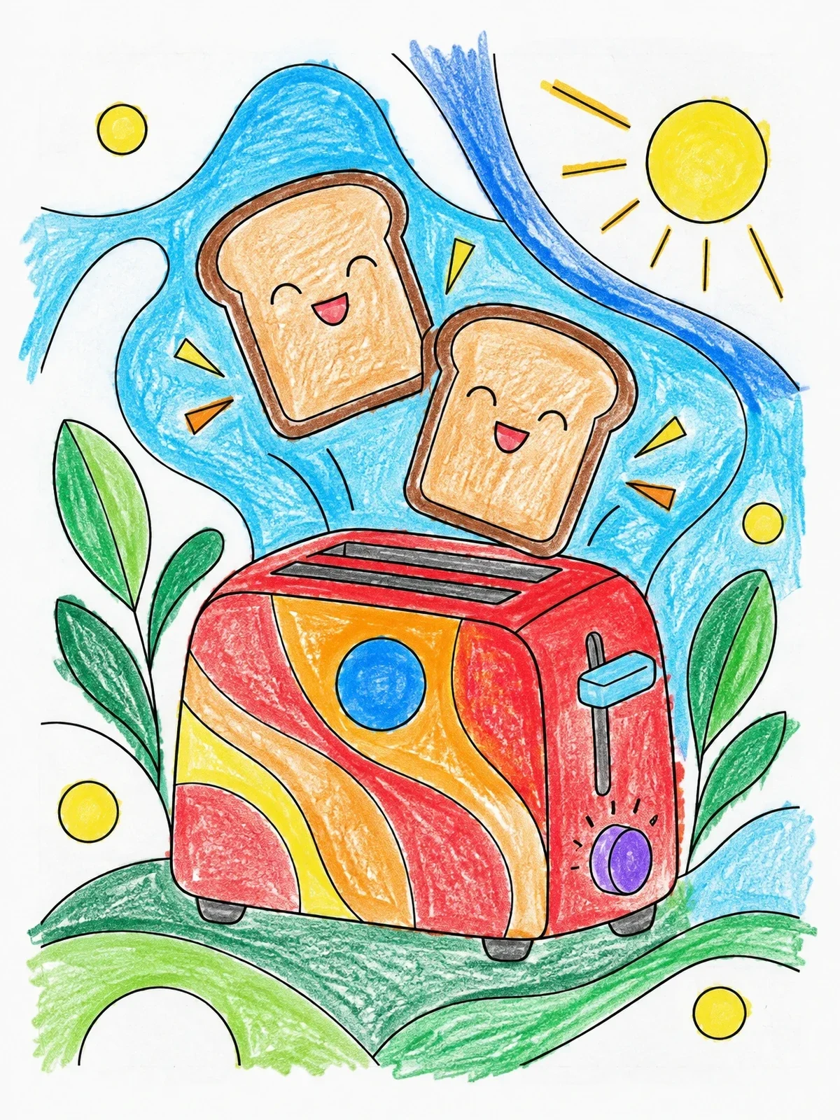Colored example of the Cheerful Toast Popping From Toaster coloring page