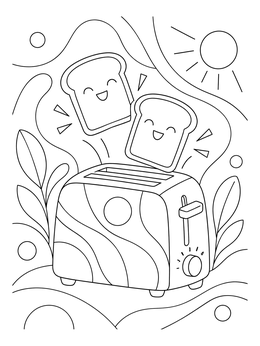 A happy toaster with smiling bread slices in this cute kitchen coloring page.