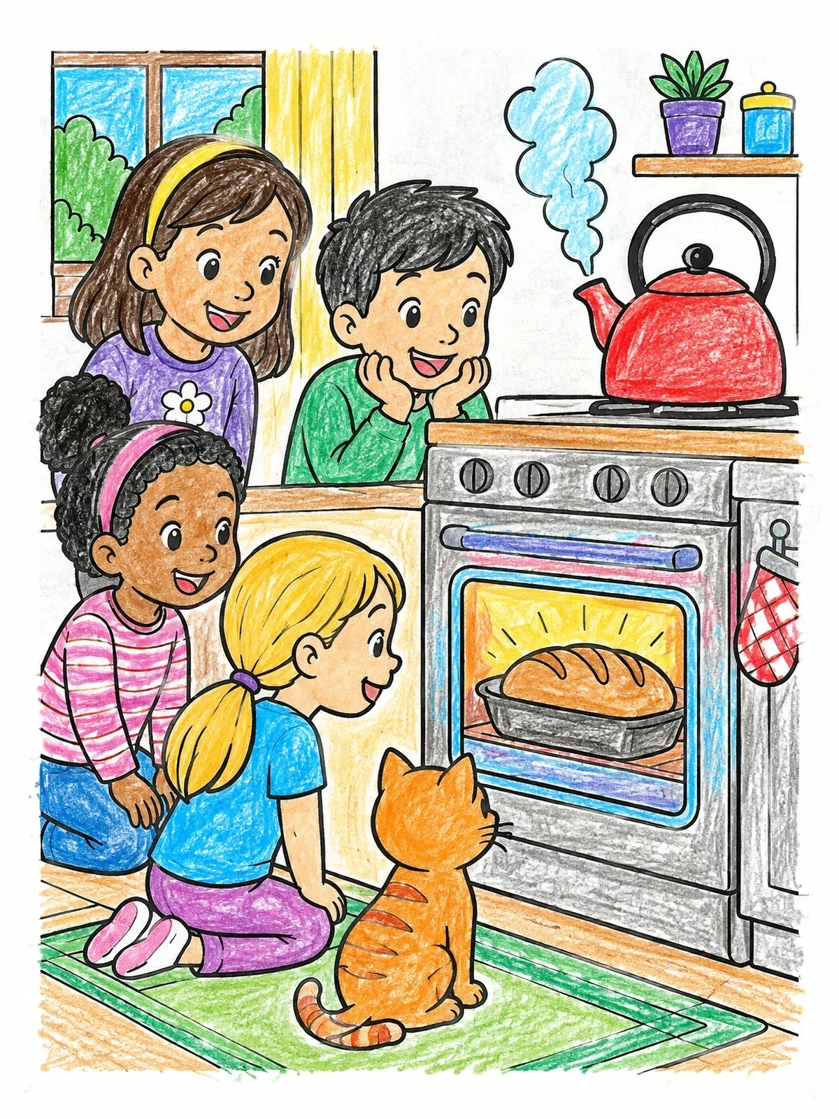 Colored example of the Children And Cat Watching Bread Bake coloring page