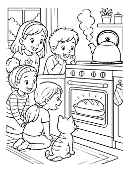 Free printable Children And Cat Watching Bread Bake coloring page