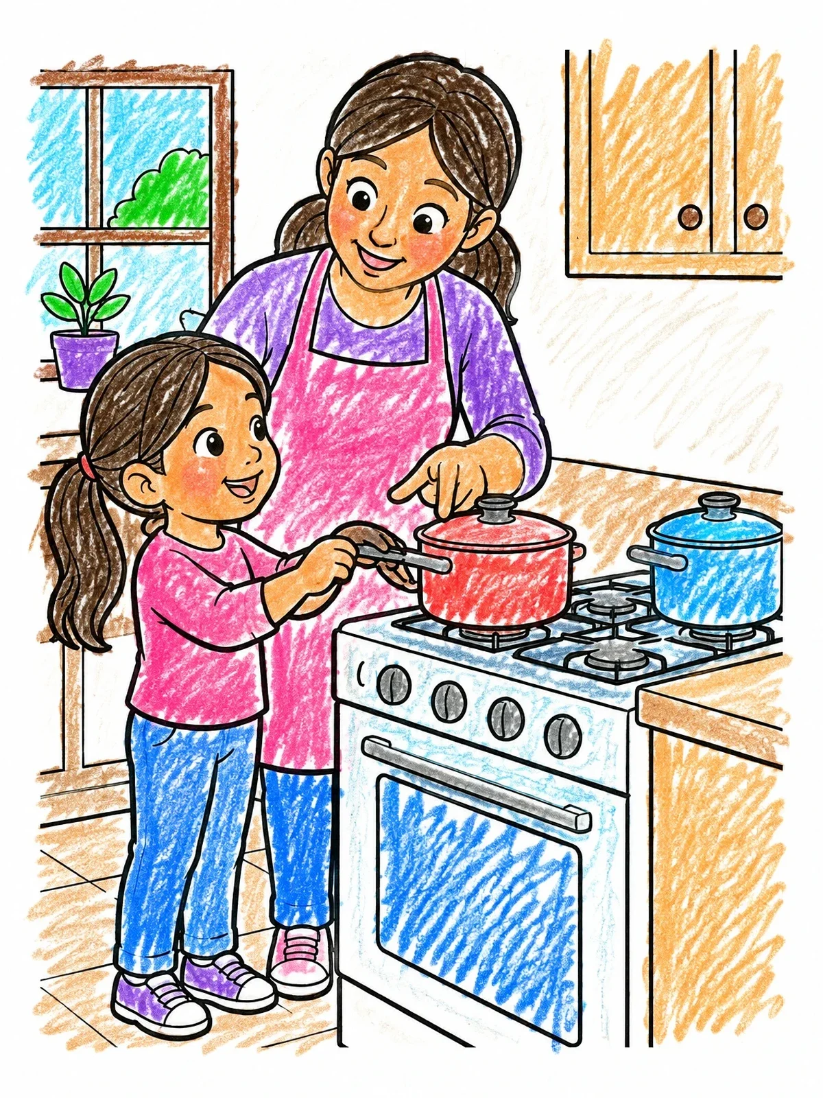 Colored example of the Cooking Together At The Stove coloring page