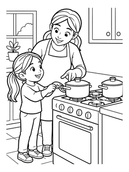 A mother teaches her daughter kitchen safety by the stove in this kitchen coloring page.