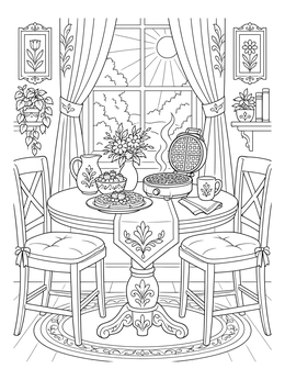 A sunny kitchen coloring page featuring a waffle iron, table, and window view.