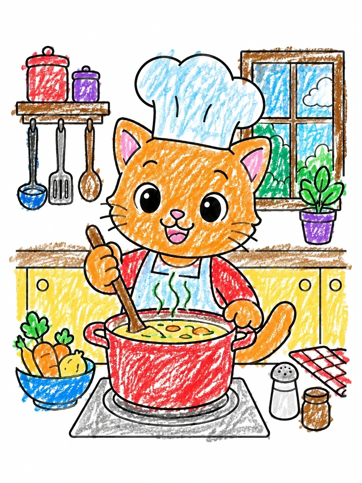 Colored example of the Cute Cat Chef Stirring Soup coloring page