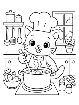 Free printable Cute Cat Chef Stirring Soup coloring page