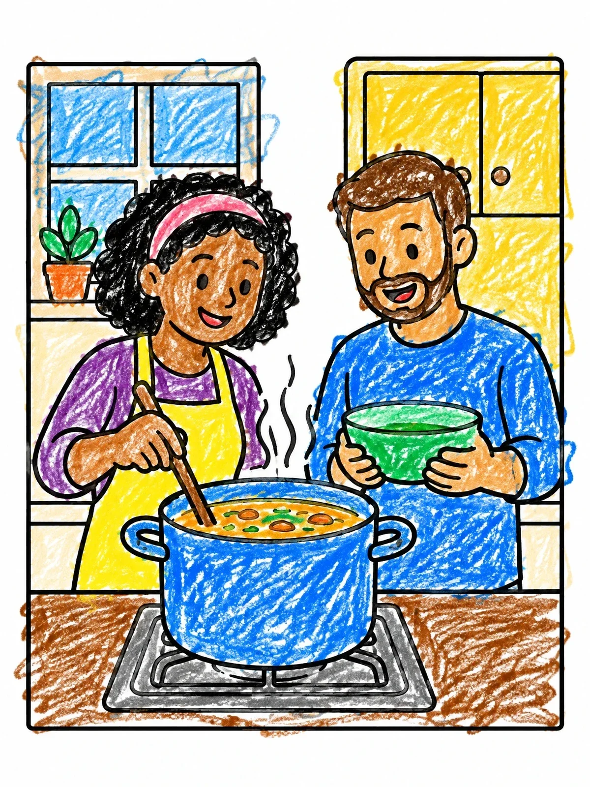 Colored example of the Family Cooking Soup Together coloring page