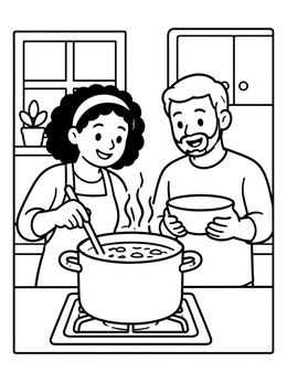 Free printable Family Cooking Soup Together coloring page