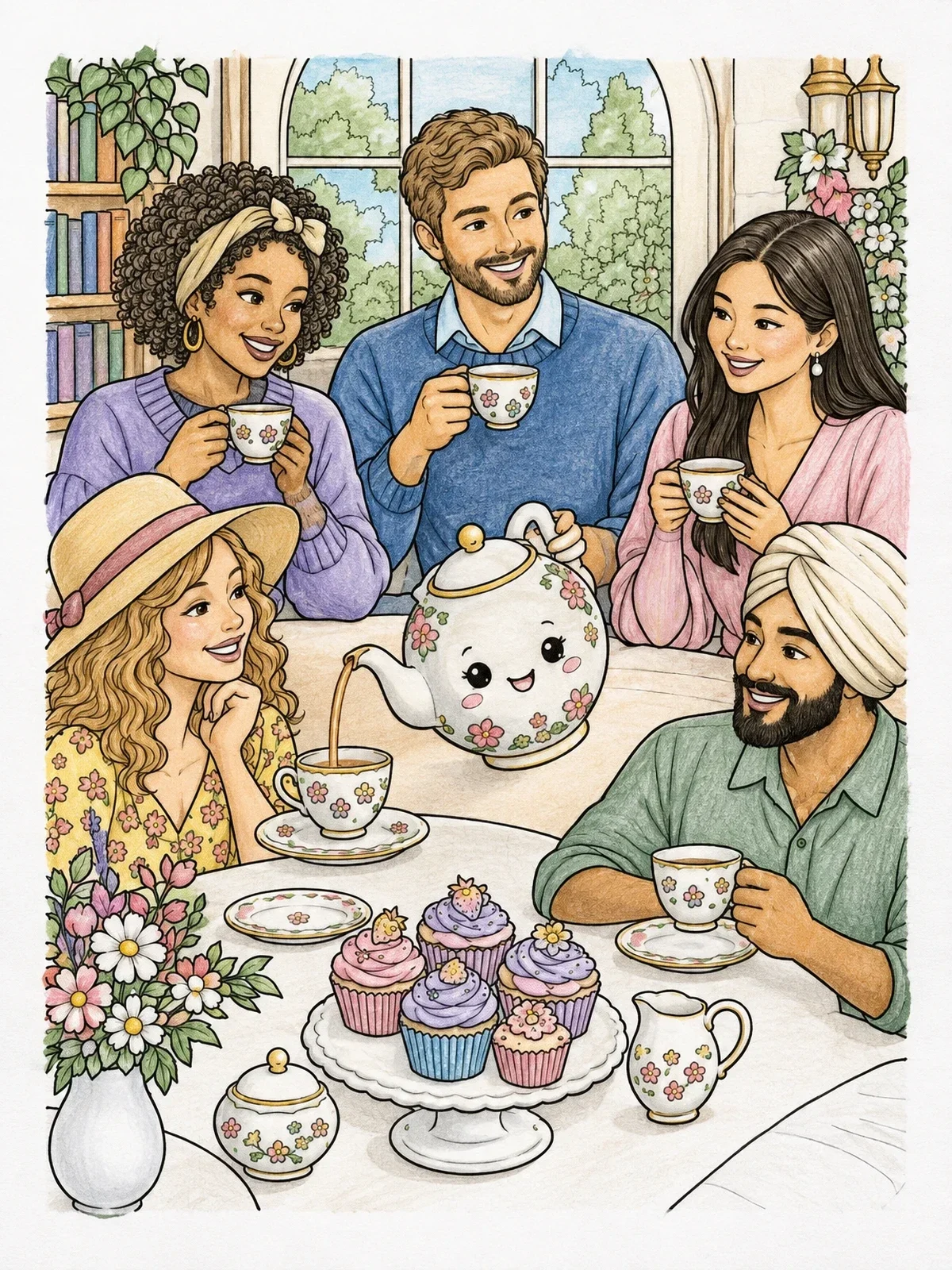 Colored example of the Friends Tea Party With Kawaii Teapot coloring page