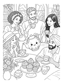 A group of smiling friends enjoying tea and cupcakes in this cozy kitchen coloring page.