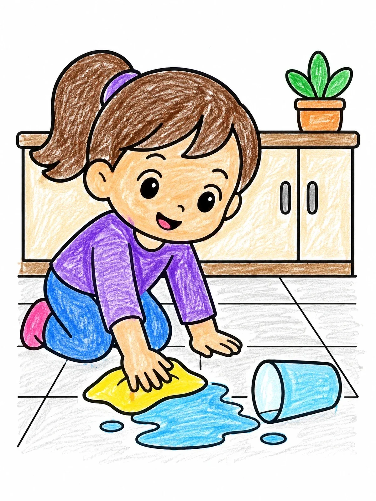 Colored example of the Girl Cleaning Spilled Water coloring page