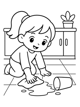 A cheerful girl cleans up spilled water on this kitchen coloring page.
