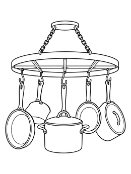 A kitchen coloring page showing cookware and frying pans hanging from a circular ceiling rack.