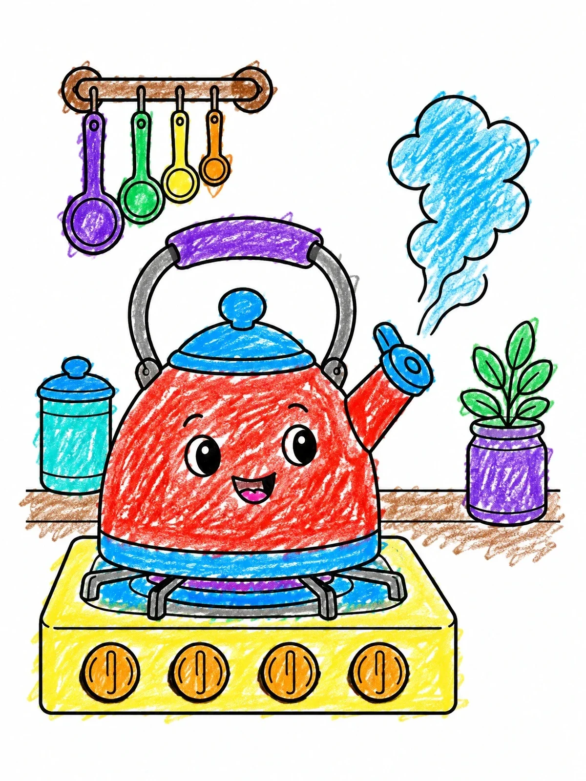 Colored example of the Happy Whistling Kettle On Stove coloring page