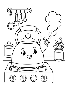 Free printable Happy Whistling Kettle On Stove coloring page